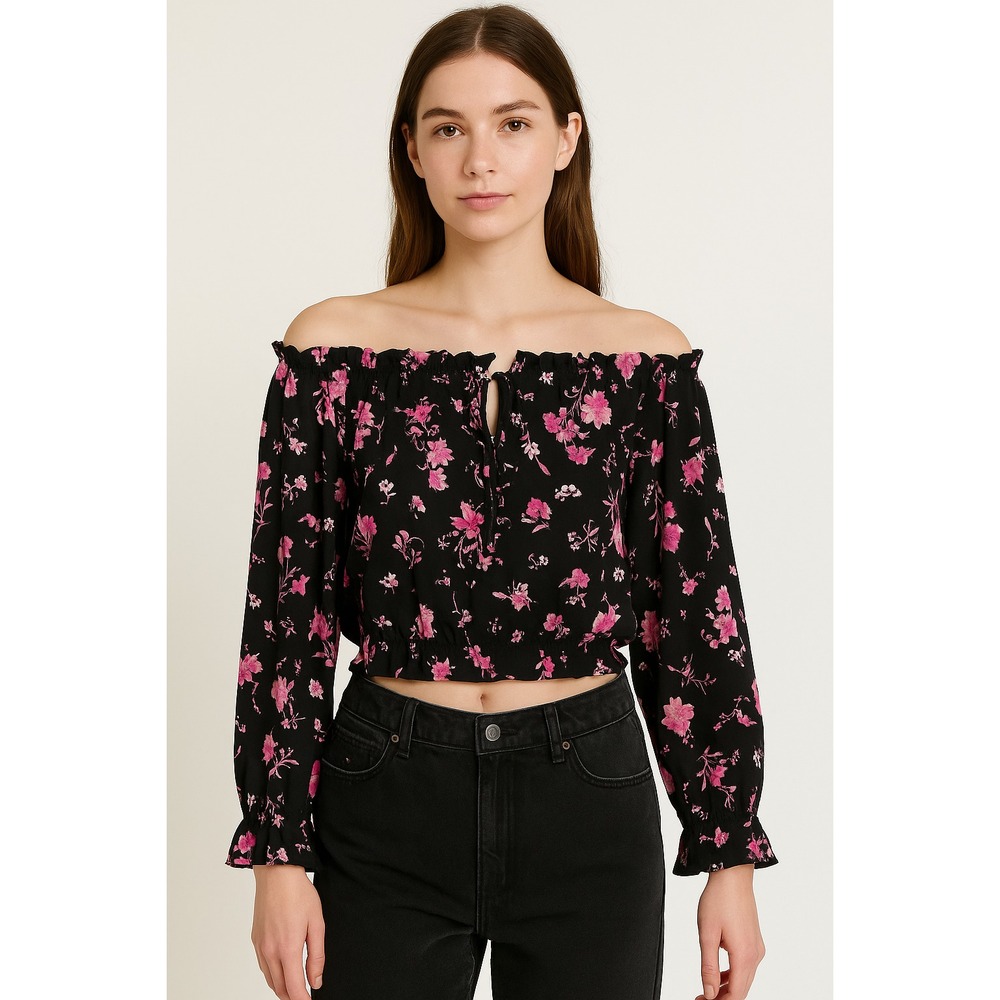 BP Brass Plum Womens Large Black Floral Crop Soft Goth Indie Y2K Theme Shirt Top